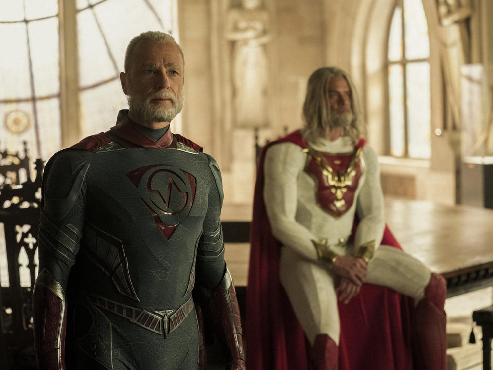 L to R: Walter/Brainwave (Ben Daniels) and Sheldon/The Utopian (Josh Duhamel) agree to table their discussion in Netflix's <em>Jupiter's Legacy</em>.