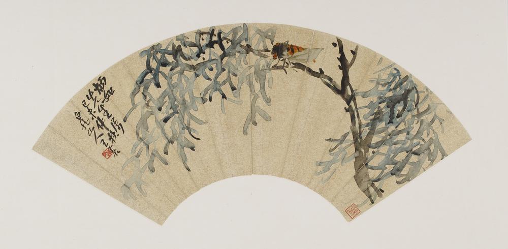 Wang Zhen,<em> Cicada on tree branch,</em> Modern period, 1919, Fan mounted as album leaf, ink on gold-flecked paper, Gift of Robert Hatfield Ellsworth in honor of the 75th Anniversary of the Freer Gallery of Art, F1998.222.2