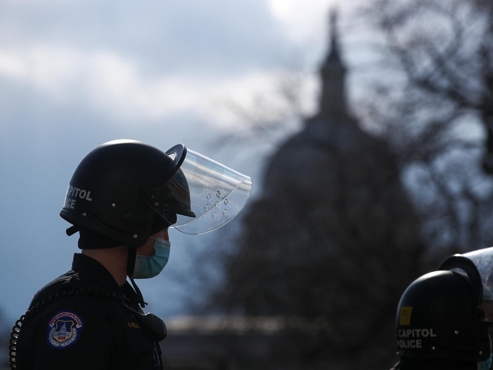 A U.S. Capitol Police officer stands guard outside the Capitol ahead of the inauguration for President Biden on Jan. 20.
