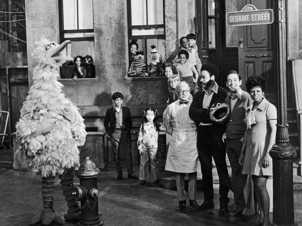 Cast members of the television show, <em>Sesame Street</em> on the set in 1969, the year the show debuted.