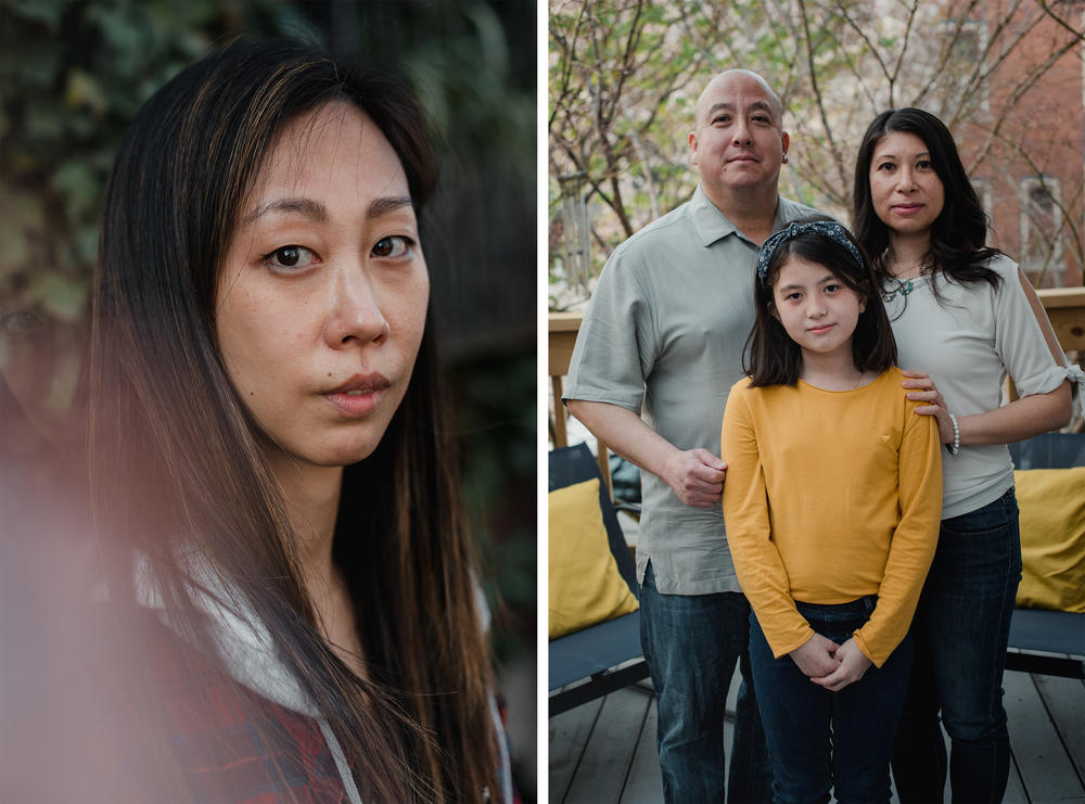 Left: Danielle Miller, 36, is a South Korean adoptee raised by white Jewish parents. Right:  Cliff Akiyama, 47, and his wife, Romana Lee-Akiyama, 42, and their daughter, Hanalee Akiyama, 10, stand together for a portrait at their home.