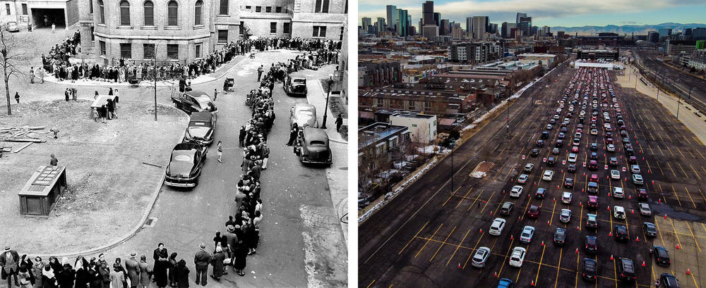 Left: Thousands of New Yorkers, on an appeal by government officials, came to city hospitals and health stations to get vaccinated against smallpox. Here a crowd lines up outside a Bronx hospital in April 1947. Right: In an aerial view from a drone, cars line up for a mass COVID-19 vaccination event in January in Denver.