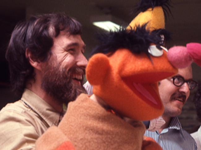 Jim Henson, the puppeteer behind Ernie, and Frank Oz, the longtime voice of Bert, on the set of <em>Sesame Street</em>.