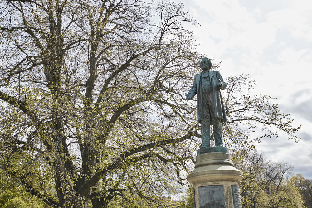 A Frederick Douglass statue in Rochester. The city's parks and streets are decorated with more than a dozen statues of the abolitionist leader.