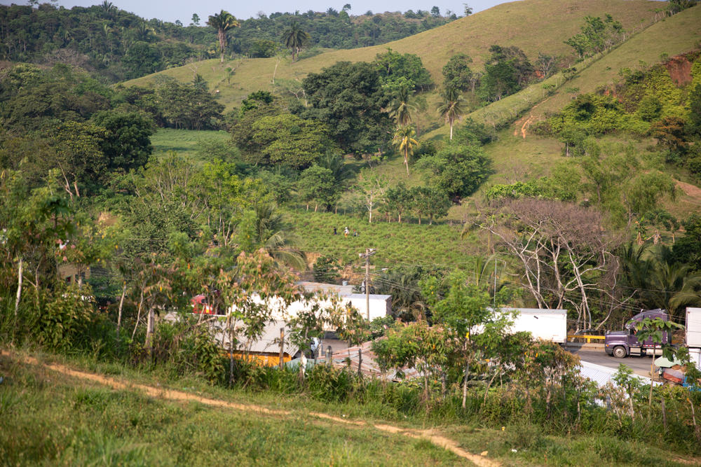A smuggler (in background, behind truck with red cab) bypasses the border crossing in the town of Corinto and leads a pair of migrants on a footpath through a farm that leads from Honduras to Guatemala.