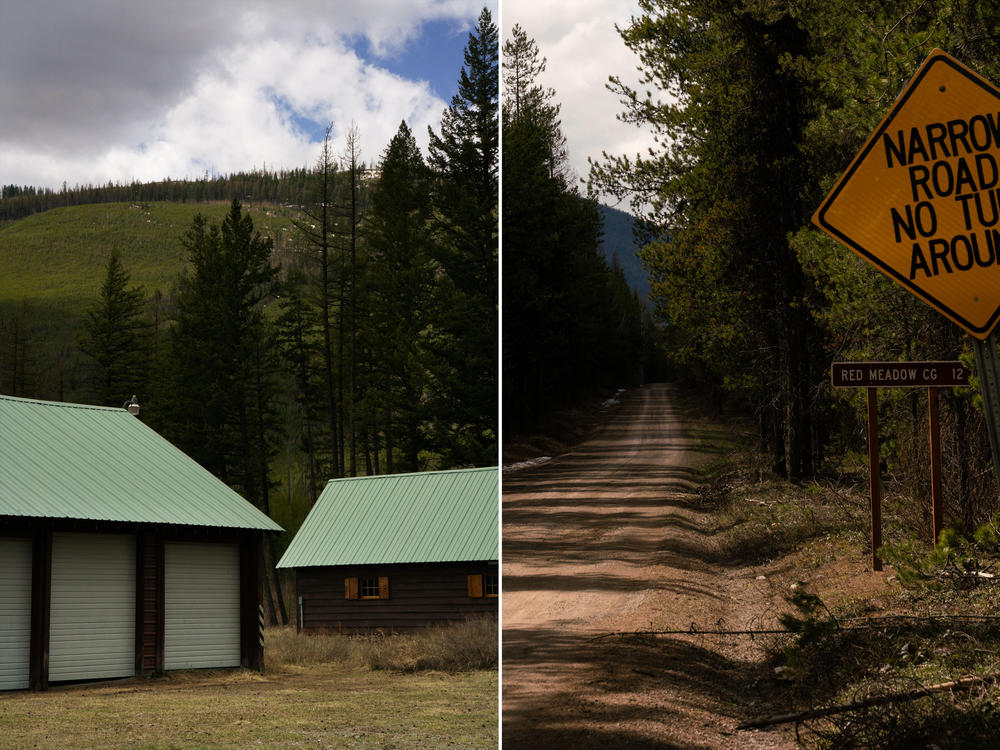 Left: Buildings at Big Creek Ranger Station in Flathead National Forest in Montana, where the CCC built many improvements in the 1930s, including a barn, fence, mangers, water trough and pipeline, shop/garage (left), dwelling and administration building. Right: CCC enrollees in the late 1930s built the Red Meadow Road in the North Fork, also in Montana.