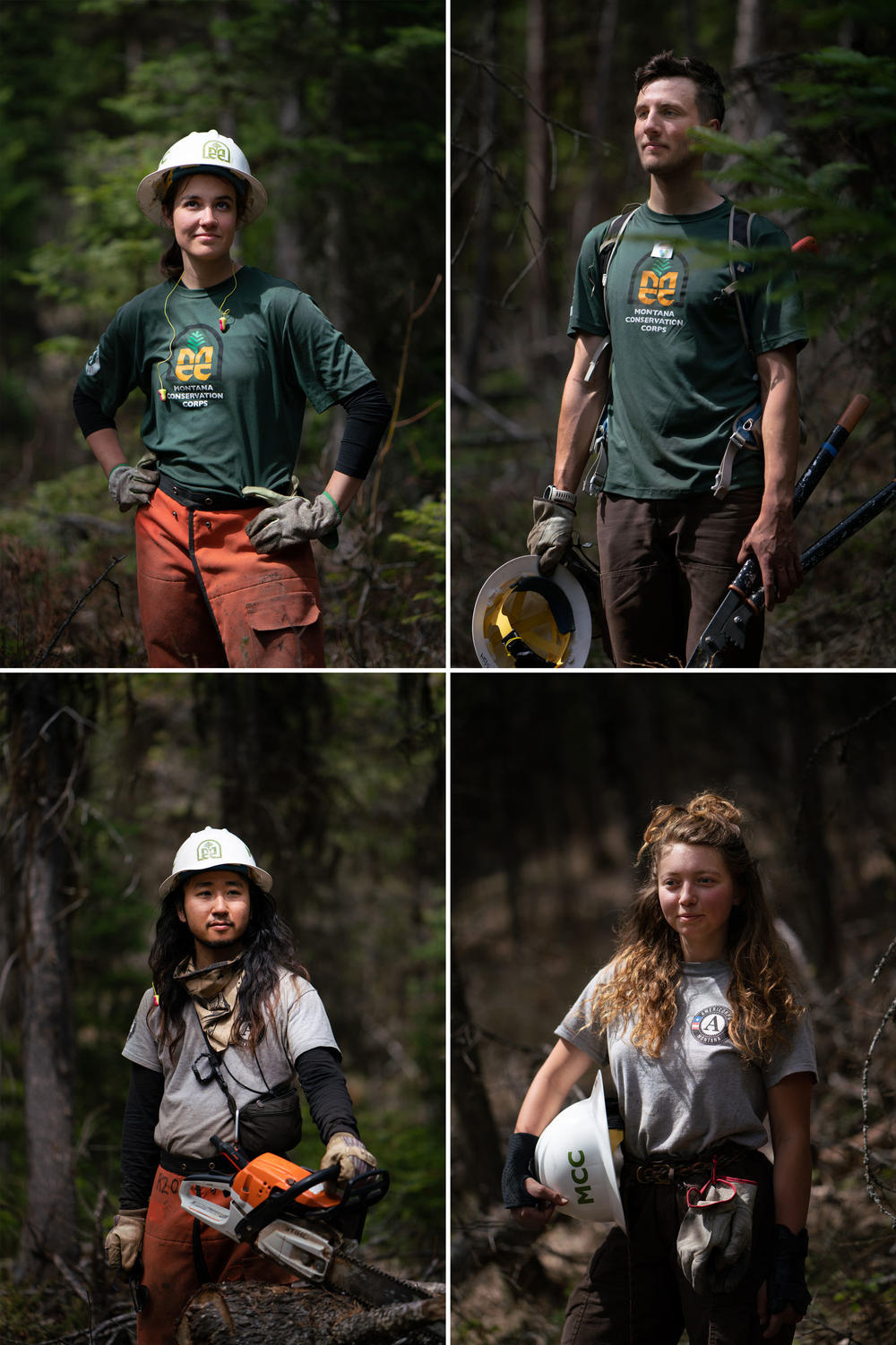 Clockwise from top: Emily Brown, 22; Jack O'Hanlon, 23; Kaile Kimball, 23; and Teppei Fujimoto, 25, members of the Montana Conservation Corps.