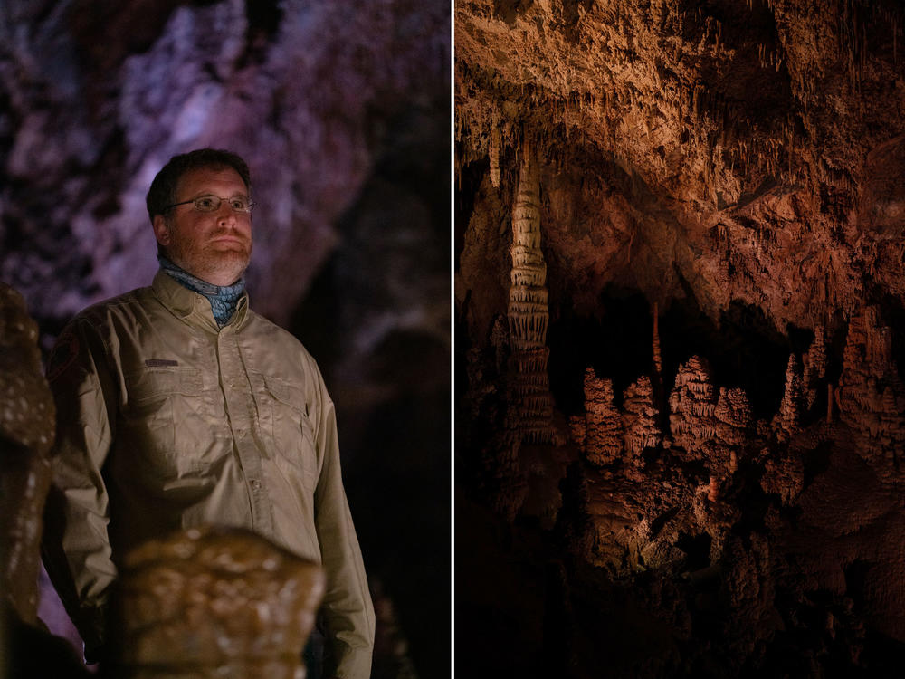 Tom Forwood (left), park assistant manager at Lewis and Clark Caverns State Park. Formations (right) in the caverns.