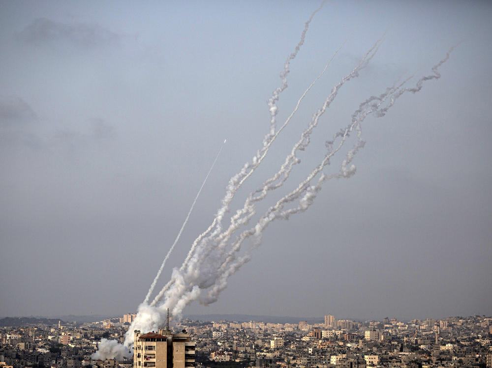 Rockets are launched from the Gaza Strip toward Israel on Monday.