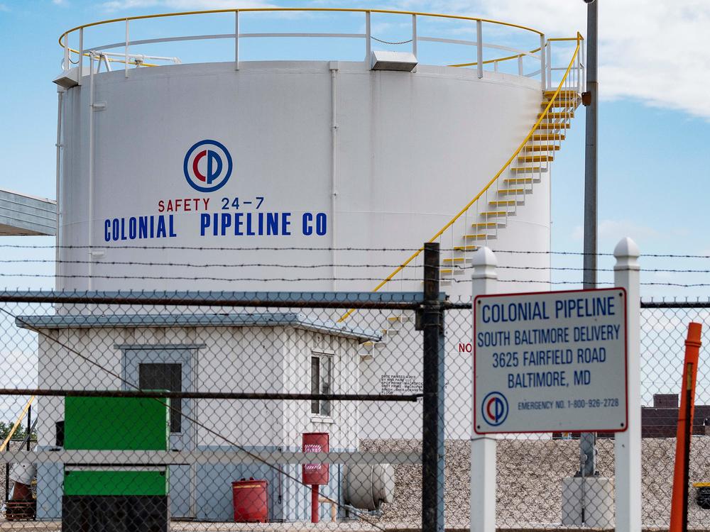 Fuel tanks are seen at a Colonial Pipeline Co. delivery point Monday in Baltimore. The company's pipeline was hit with a major ransomware attack last week.