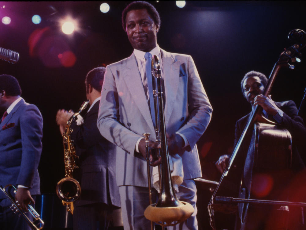 From left, trumpet player Freddie Hubbard, saxophonist Johnny Griffin, Curtis Fuller and bassist Reggie Workman, on stage at Town Hall in New York on Feb. 22, 1985.