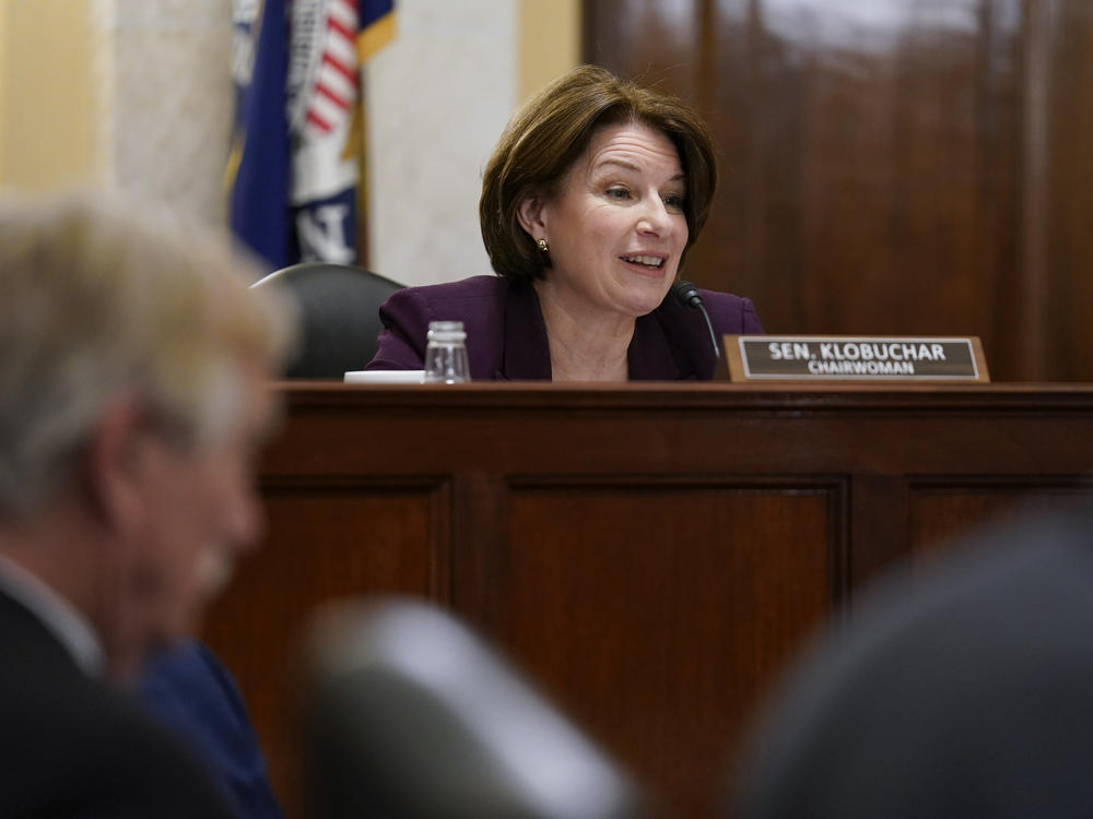 Senate Rules Committee Chair Amy Klobuchar, D-Minn., presides Tuesday over a markup of the For the People Act, which would expand access to voting and make other election reforms. House Democrats passed the bill in March.