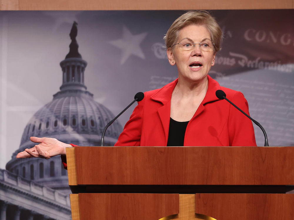 Sen. Elizabeth Warren holds a news conference in March. She and Sen. Bernie Sanders are leading the push to introduce a bill Tuesday that would make pandemic-related food benefits for college students permanent and create grants for colleges to address hunger.