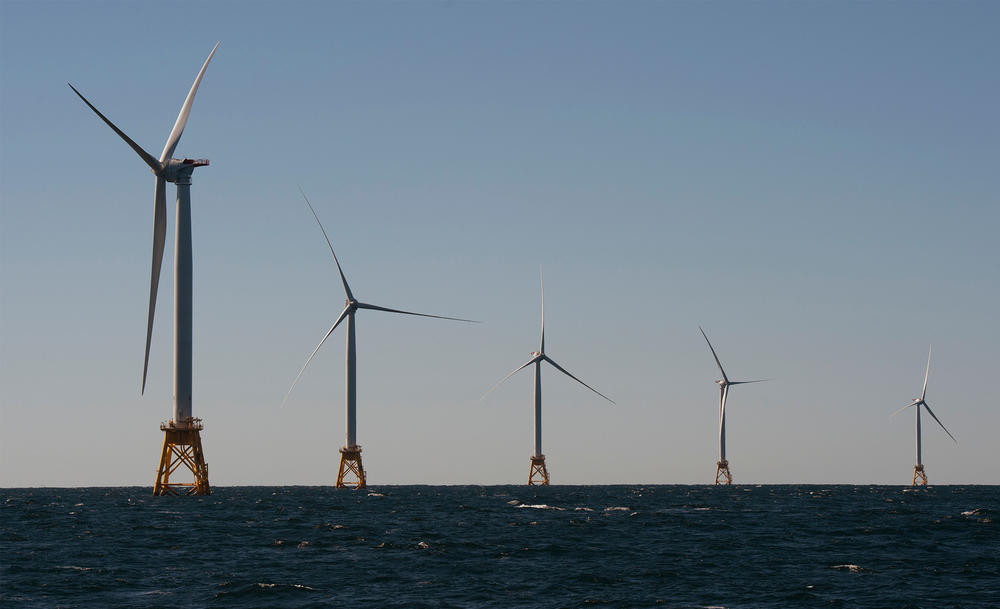 The U.S. approved a large offshore wind project on Tuesday, advancing a plan to build a turbine installation some 12 nautical miles offshore from Martha's Vineyard, Mass. This photo shows the first offshore wind project in America: the Block Island Wind Farm, off the shores of Block Island, R.I., as seen in 2016.