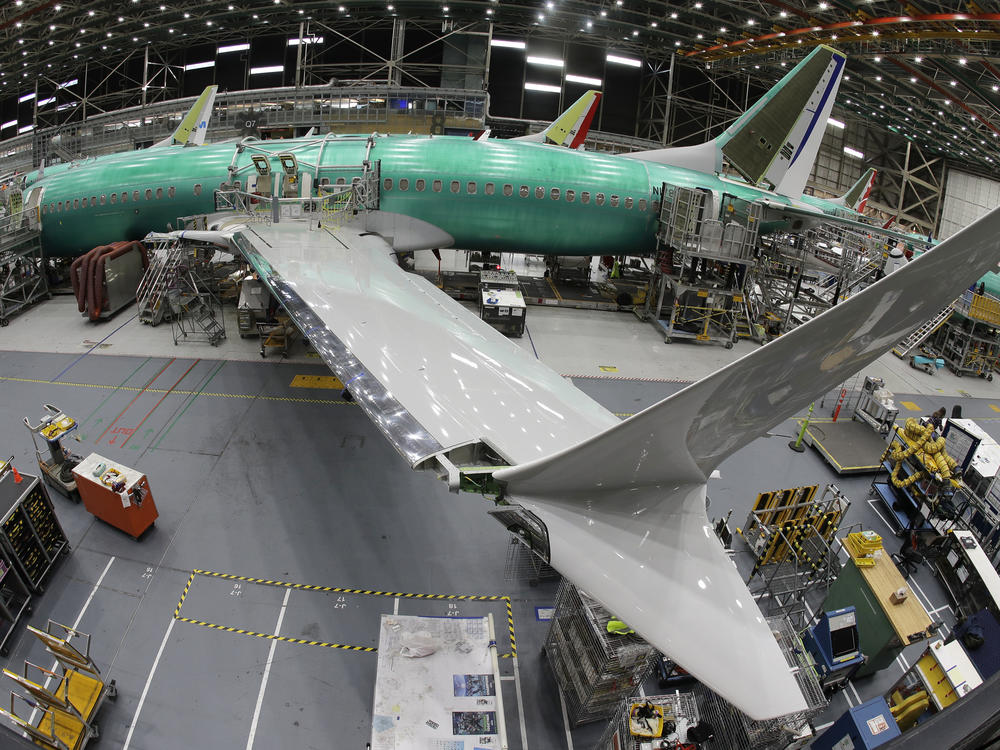 A Boeing 737 MAX 8 airplane sits on the assembly line at Boeing's 737 assembly facility in 2019.