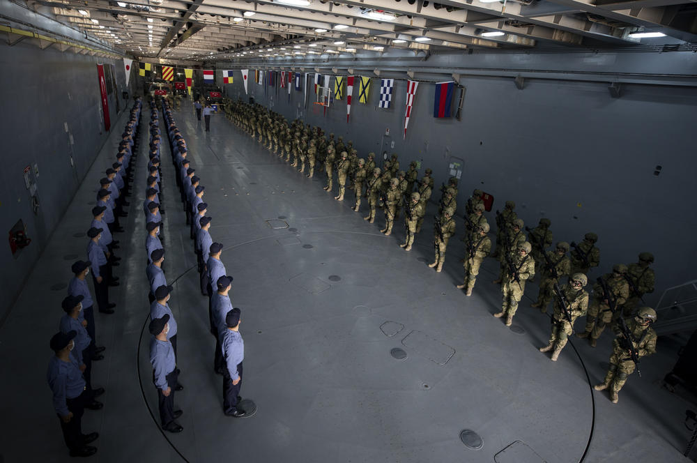 Turkish Amphibious Marine Brigade soldiers attend Eid al-Fitr celebration ceremony as they spend the holiday on duty in Foca, Izmir, Turkey.