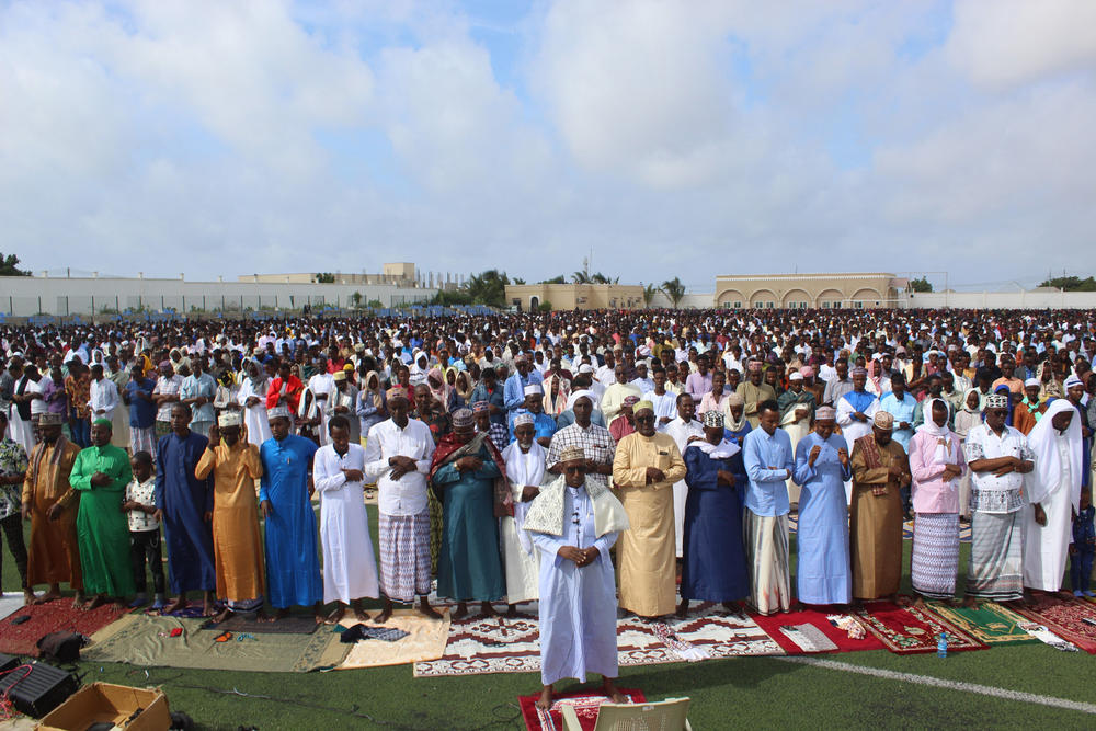 Muslims perform the Eid al-Fitr prayer at Jamacadaha Football Stadium on Thursday in Mogadishu, Somalia.