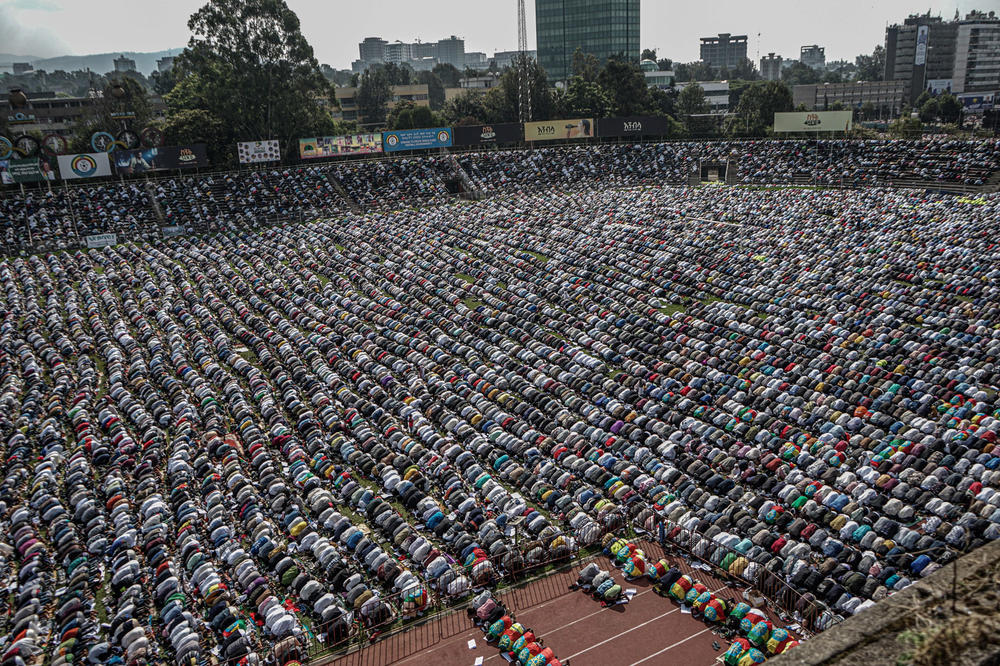 Muslim worshippers pray at a soccer stadium in Addis Ababa, Ethiopia on Thursday as Muslims across the globe mark the end of Ramadan.