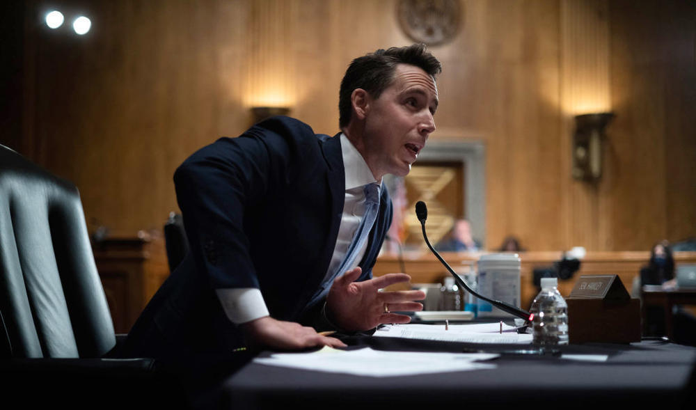 Sen. Josh Hawley, R-Mo., questions Mayorkas during the Senate committee hearing Thursday. Republicans have blamed a surge at the border on the Biden administration.