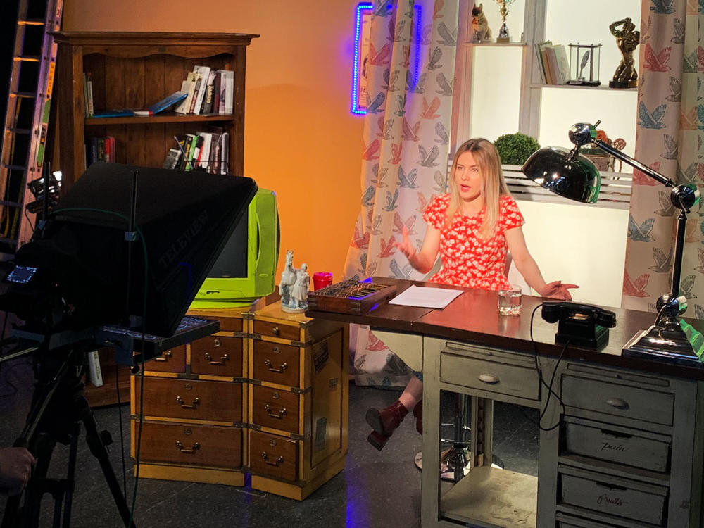 Journalist Masha Borzunova during a taping of the show <em>Fake News</em> in TV Rain's Moscow studios.