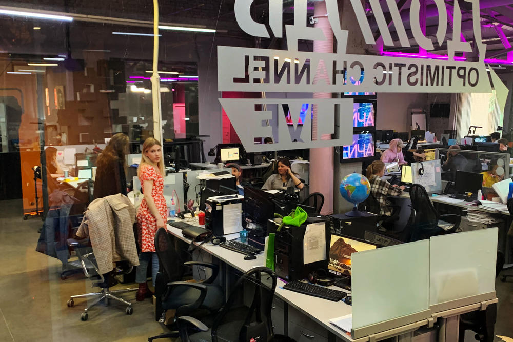 Borzunova stands in the TV Rain newsroom. TV Rain, which at first called itself 