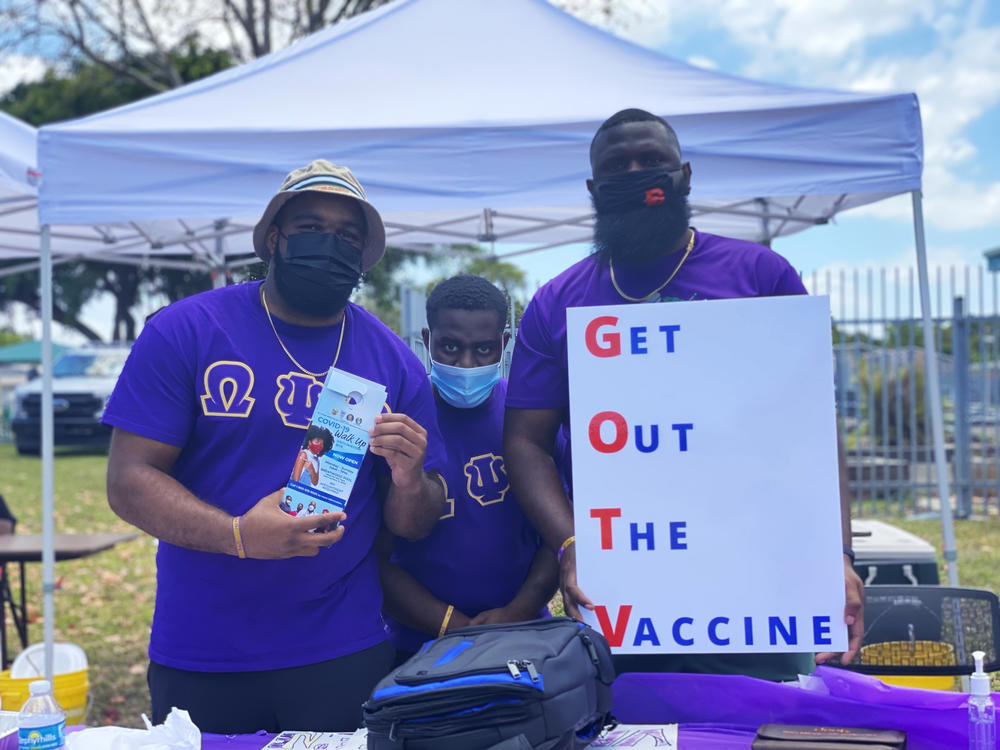 Sean Bryant, Cyrus Clark III and Xavier Mackey, members of the Omega Psi Phi Fraternity Inc., came out to recruit Black residents to get vaccinated at an event in Miami Gardens on May 8.