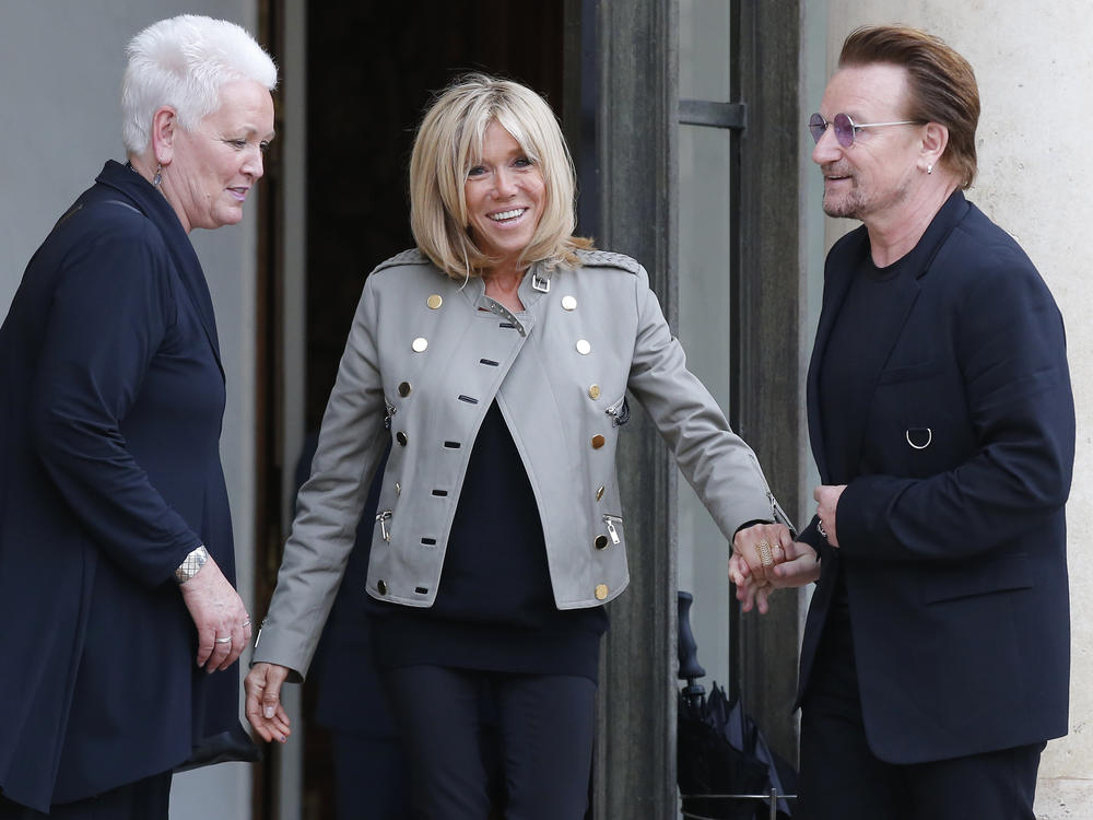 Gayle Smith in 2017, meeting with Brigitte Macron at the Elysee Palace, in Paris and U2 singer Bono, founder of advocacy group the ONE Campaign.
