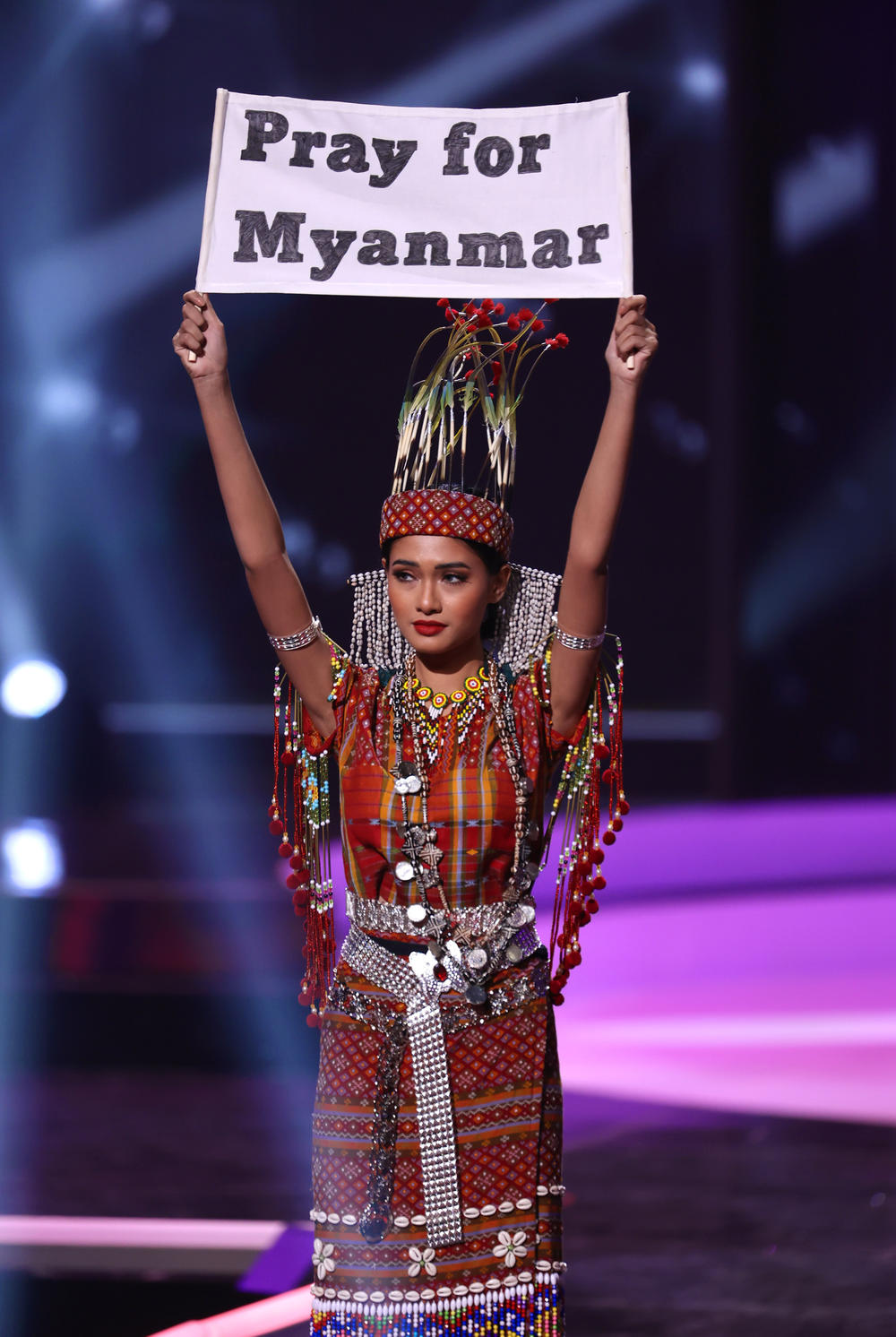 Miss Myanmar Thuzar Wint Lwin appears onstage at the Miss Universe 2021 National Costume Show at Seminole Hard Rock Hotel & Casino on May 13 in Hollywood, Fla.