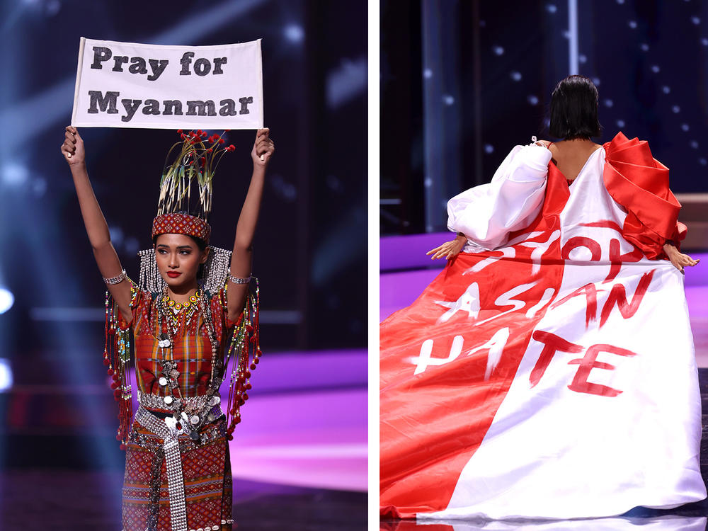 Left to right: Miss Universe Uruguay Lola de los Santos, Miss Universe Myanmar Ma Thuzar Wint Lwin and Miss Universe Bernadette Belle Ong during the National Costume segment of Miss Universe 2021