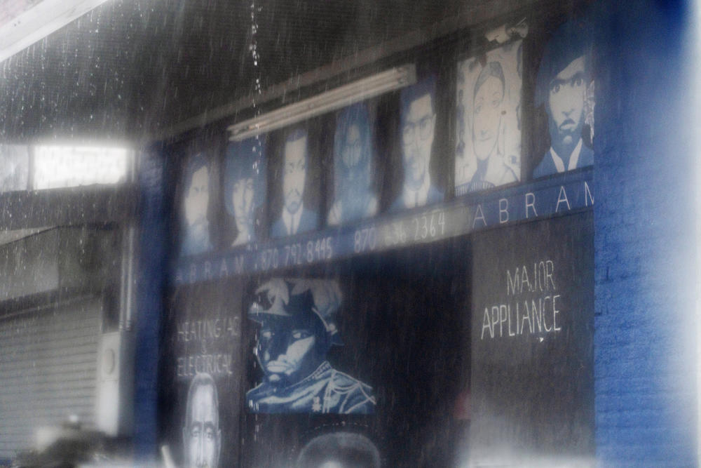 Rainstorm outside Stacy Abram's store, Abram Heating and Air Conditioning, in Earle, Ark.