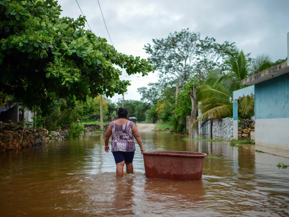 A woman from the Mayan community of Tecoh wades through the water in a flood caused by Tropical Storm Cristobal in the town of Tecoh, near Merida in Yucatan State, Mexico, in June 2020.