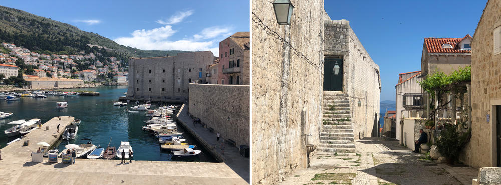Left: Dubrovnik's tiny port is usually a bustling center of sailboat traffic, all catering to tourists. Right: Inside the city walls of old Dubrovnik.