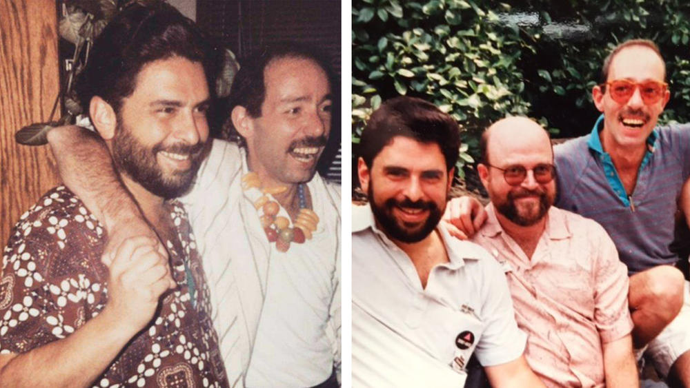 Left: Dr. Lawrence Mass (left) and gay activist and author Vito Russo (right) at a joint 40th birthday party for the two in 1986. Right: Mass (left) with his life partner Arnie Kantrowitz who is an author, activist and co-founder of GLAAD, and Vito Russo (right) early '80s.