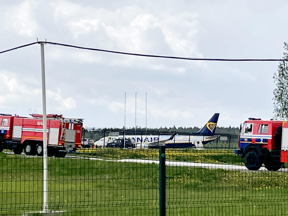 A Ryanair Boeing is parked at Minsk International Airport on Sunday. Belarusian opposition activist Roman Protasevich was detained at Minsk airport after his Lithuania-bound flight made an emergency landing.