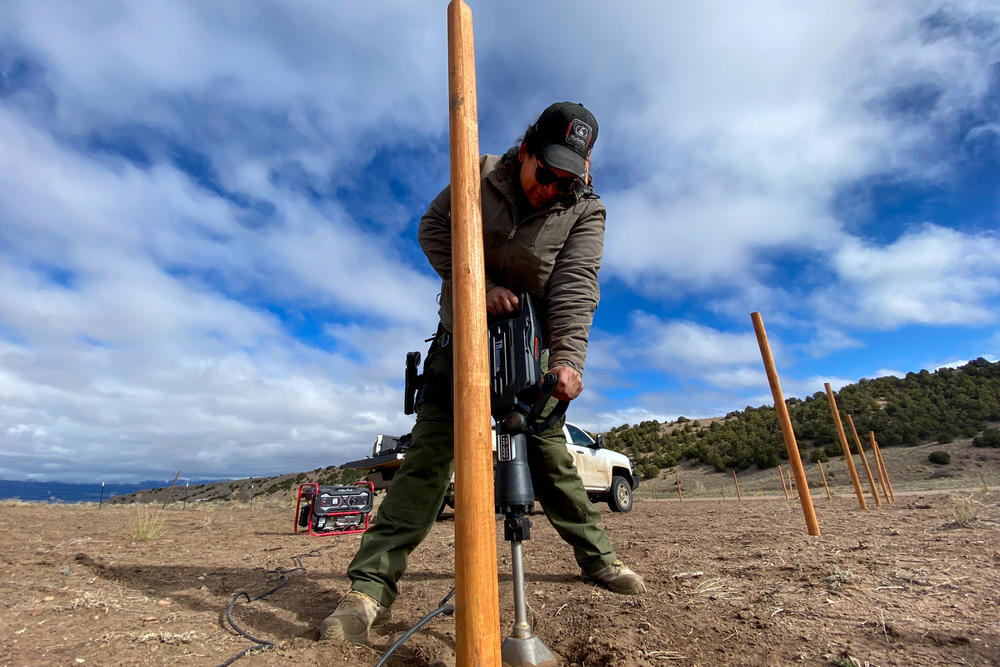 Tenacious Unicorn Ranch co-owner Bonnie Nelson uses a jackhammer to tamp down dirt around a recently installed fence post on April 28.