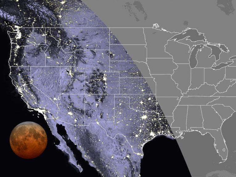 This map shows the visibility of the total lunar eclipse in the contiguous U.S. at 7:11 a.m. Eastern time this Wednesday. The total lunar eclipse will be visible everywhere in the Pacific and Mountain time zones, as well as in Texas, Oklahoma, western Kansas, Hawaii and Alaska.