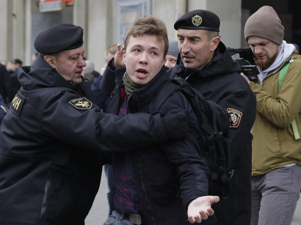 Belarus police detain journalist Roman Protasevich center, in Minsk, Belarus March 26, 2017. Protasevich was arrested after an airliner in which he was riding was diverted to Belarus.
