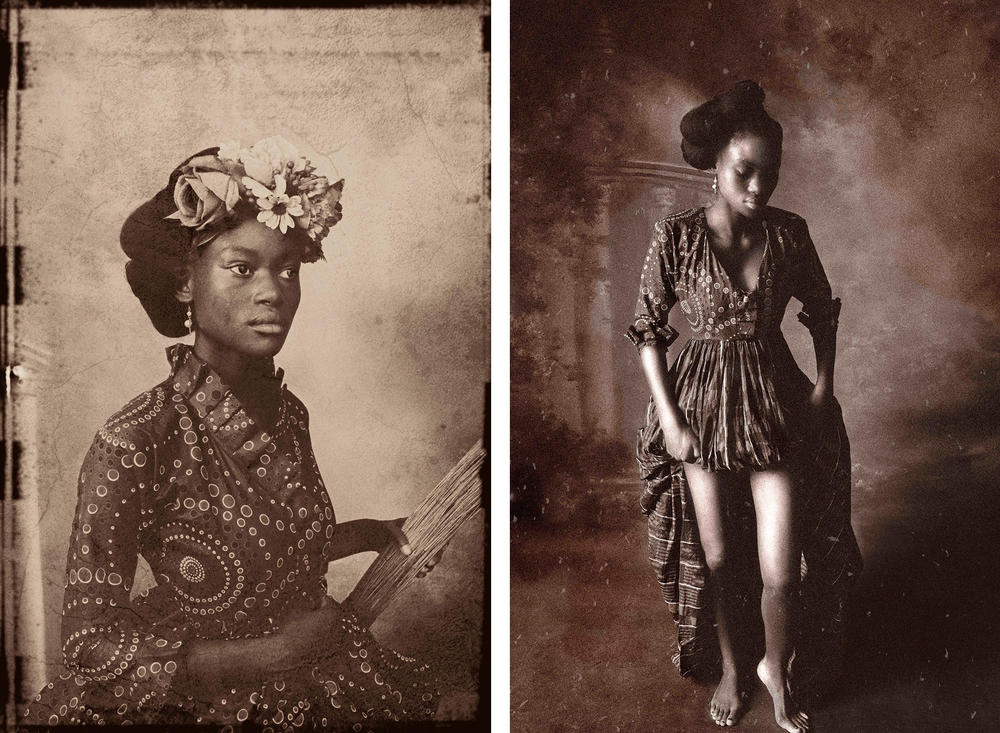 These portraits connect the art of the West — two Rembrandt works — and Africa. Sight<em> Unseen I</em> (left), inspired by Rembrandt's portrait 