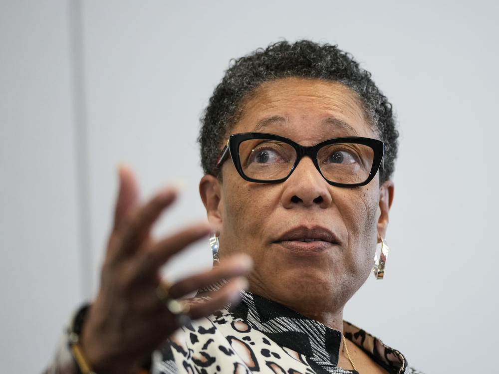 Secretary of Housing and Urban Development Marcia Fudge speaks to the press after taking a tour of a vaccination site at Community of Hope, a community heath center in Washington.