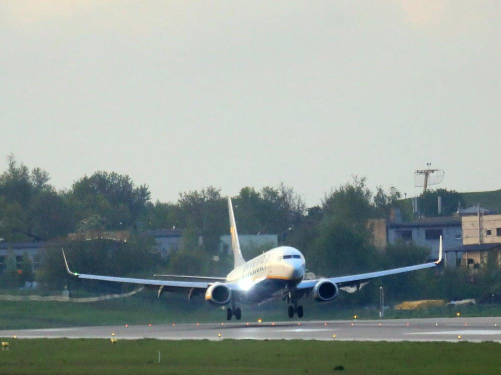 A photo taken on Sunday shows a Ryanair passenger plane that was intercepted and diverted to Minsk by Belarus authorities. Minsk diverted the flight so that it could arrest opposition activist Roman Protasevich.