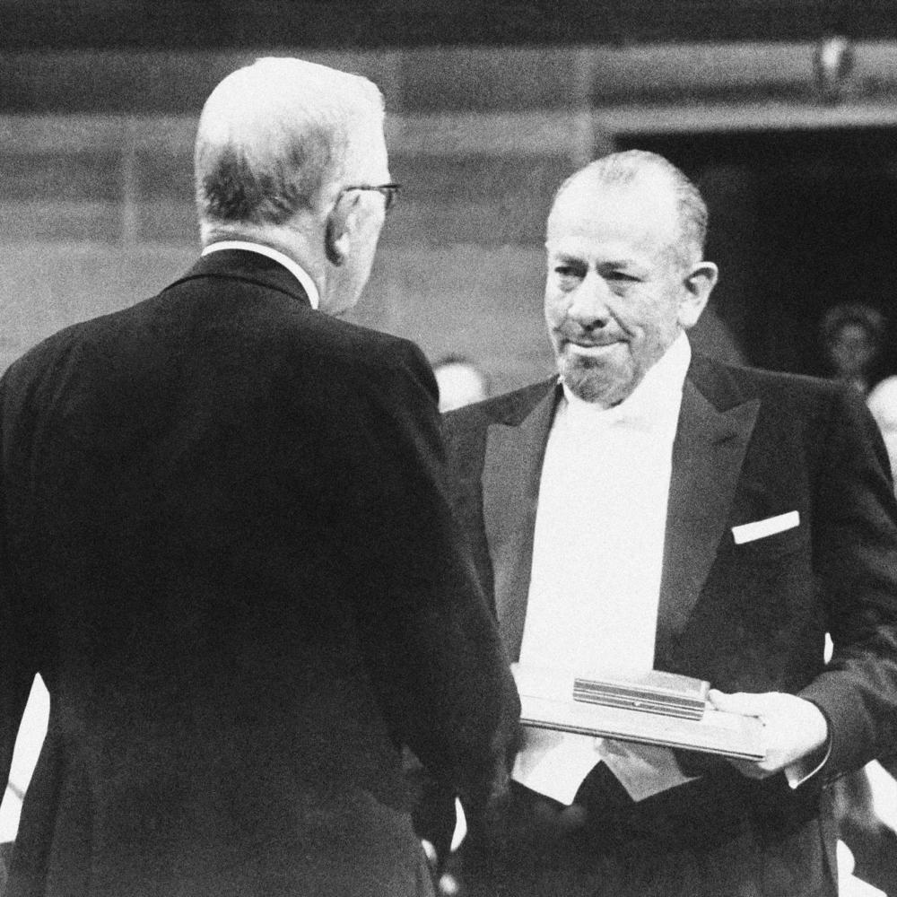 John Steinbeck receiving the 1962 Nobel Prize in Literature from King Gustav of Sweden, in Stockholm.
