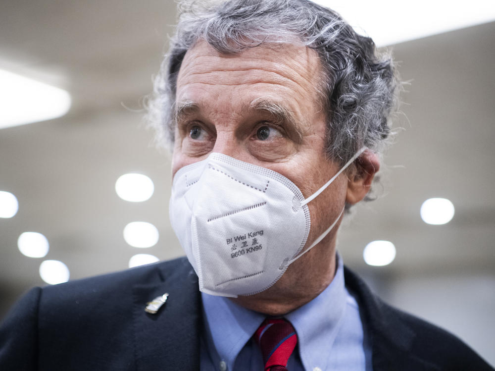 Sen. Sherrod Brown talks with reporters on Capitol Hill on Feb. 4. As chairman of the Senate Banking Committee, Brown has pledged to increase scrutiny of major banks.