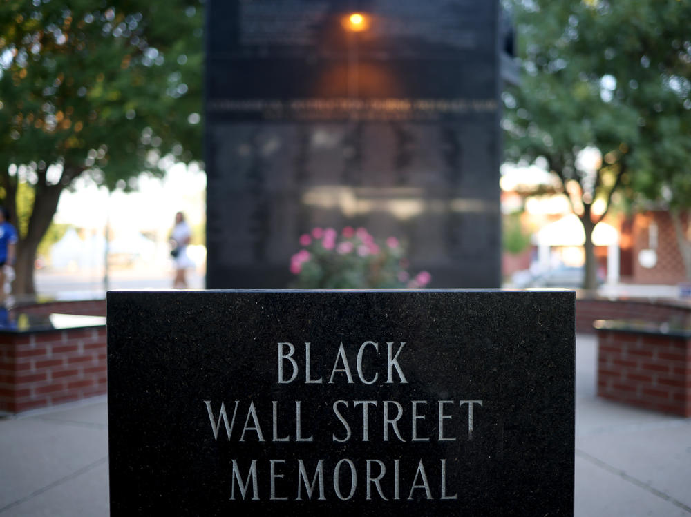 The Black Wall Street Memorial last year in Tulsa, Okla. President Biden visited Tulsa on Tuesday for the 100th anniversary of an attack that left as many as 300 people dead.