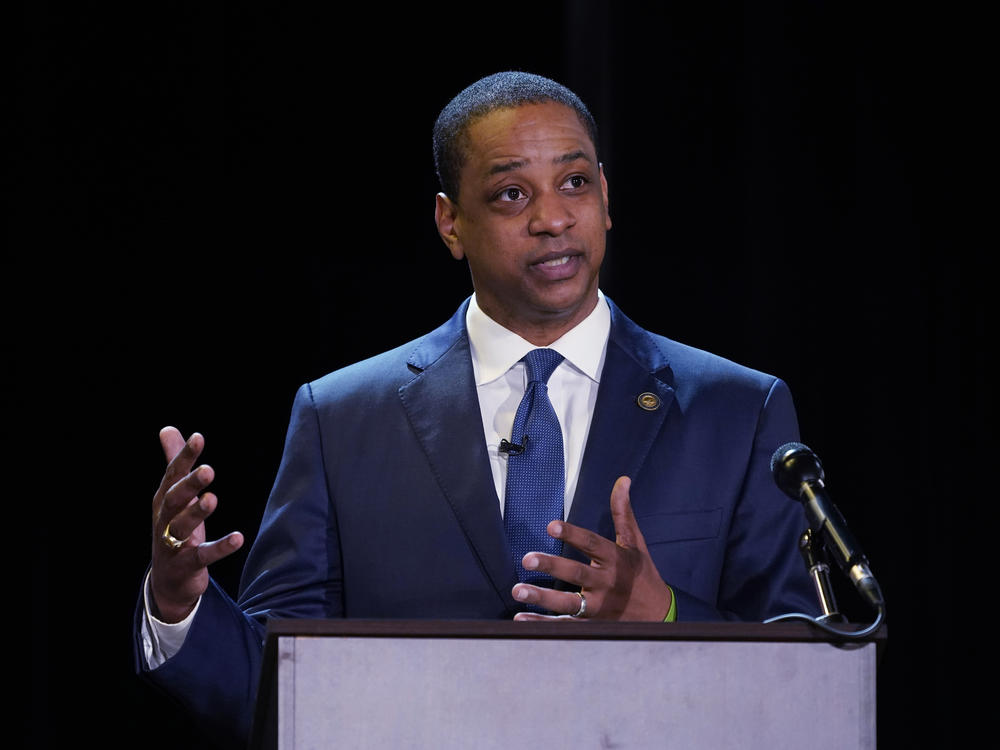 Democratic candidate for governor, Justin Fairfax, gestures during a debate at Virginia State University in Petersburg, Va., on April 6, 2021.