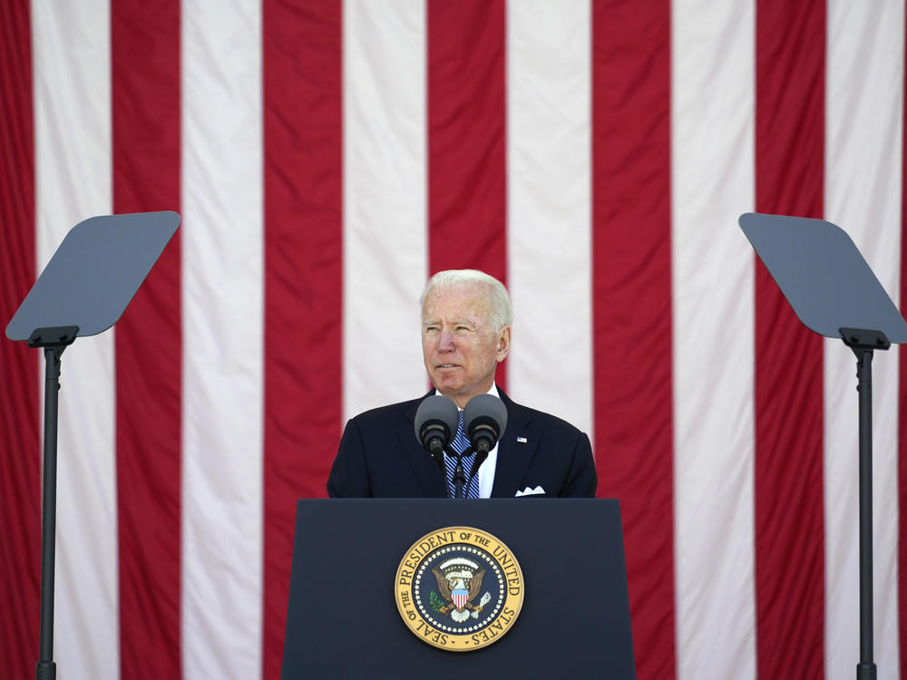 President Joe Biden speaks during the National Memorial Day Observance at Arlington National Cemetery Monday. His budget proposal drops a decades-long ban on public funding for abortion.