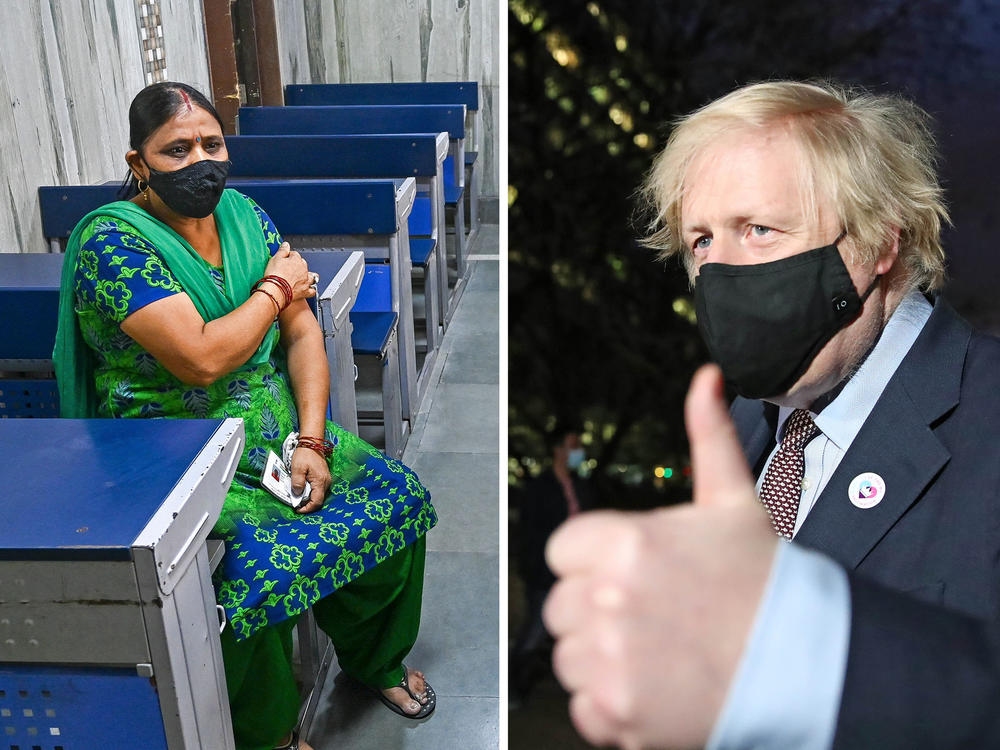 From left: A New Delhi woman waits in an observation room after getting the Covishield vaccine (the name used for the AstraZeneca vaccine in India) on May 26. U.K. Prime Minister Boris Johnson leaves a vaccination center after his first AstraZeneca dose on March 19. On March 9, Nairobi, Kenya, began vaccinating groups, including health care workers and older people, with the AstraZeneca vaccine.