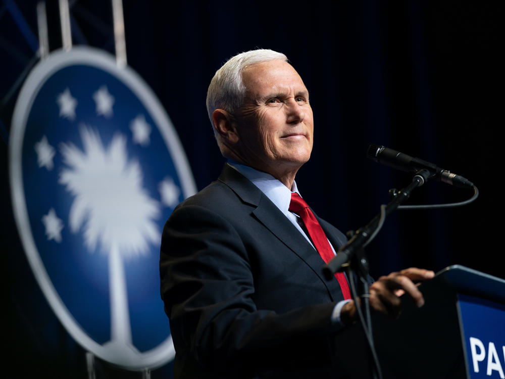 Former Vice President Mike Pence addresses a crowd in Columbia, S.C., at an April event sponsored by the Palmetto Family Council.