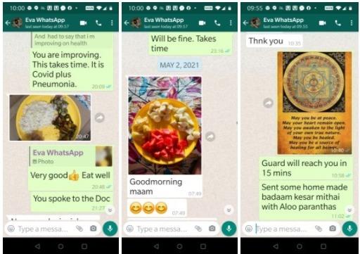 Sonia Mehta, a volunteer with the group Kuchh Achha KaroNa, uses WhatsApp to check in on Eva Pinky Rai as she recovers from COVID.