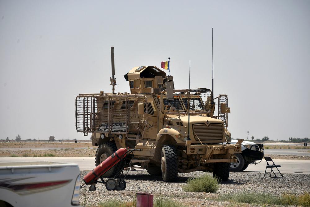 A NATO armored vehicle patrols inside a U.S. military base in Kandahar, Afghanistan, on April 29. The U.S. Central Command estimated this week the military has completed 30% to 44% of its withdrawal.