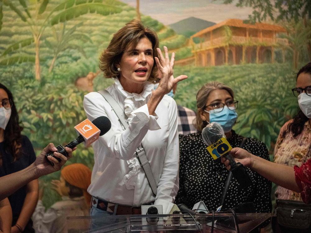 Cristiana Chamorro, pre-presidential candidate, gives a press conference in Nicaragua's capital, Managua, in May after the detention of two of her former employees by the national police and their retention for 90 days for alleged laundering of assets.